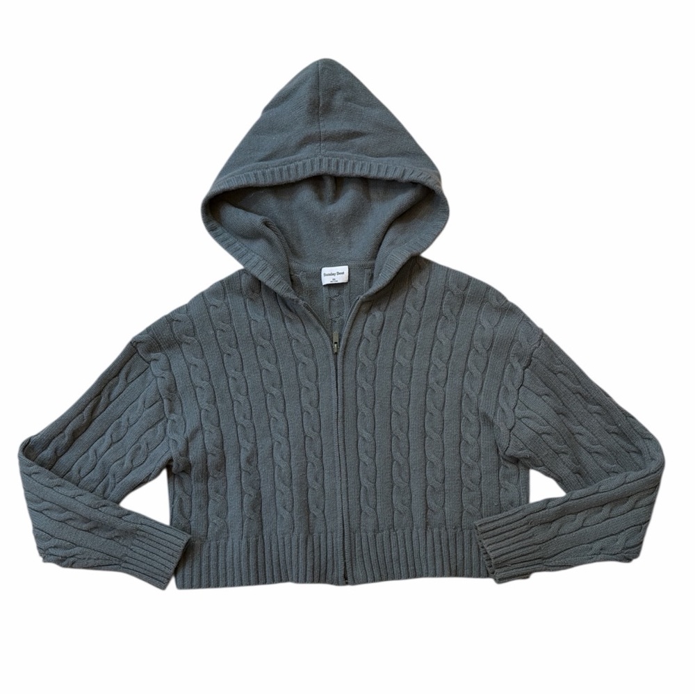 Aritzia Sunday Best Green Cable Knit Cropped Hooded Zip Up Sweater